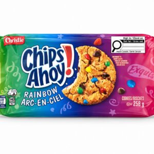 Chips Ahoy! Rainbow 258 g – ropogós keksz csokidarabokkal és színes édességszemekkel.